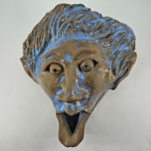 Vintage ugly face style signed studio art Pottery wall pocket decor